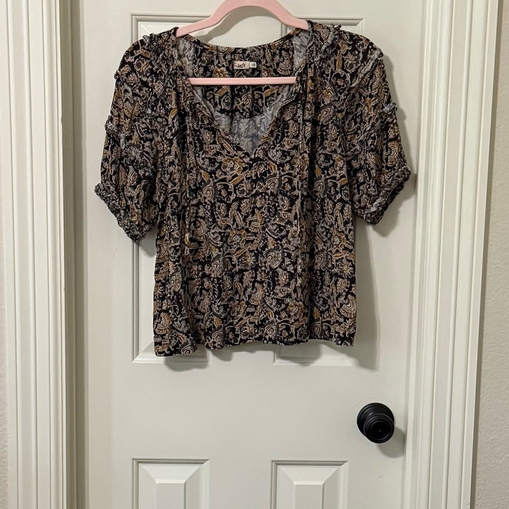 Faherty Brown Tan Puff Sleeve Crop Blouse